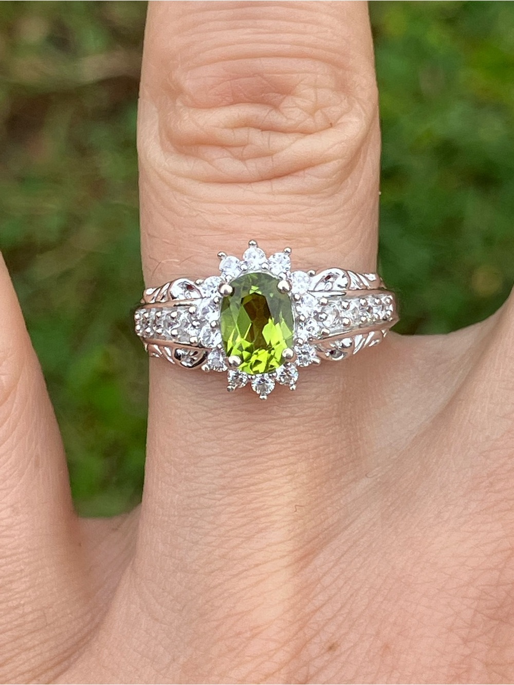 Natural Peridot Sterling Silver Halo Ring Size 7